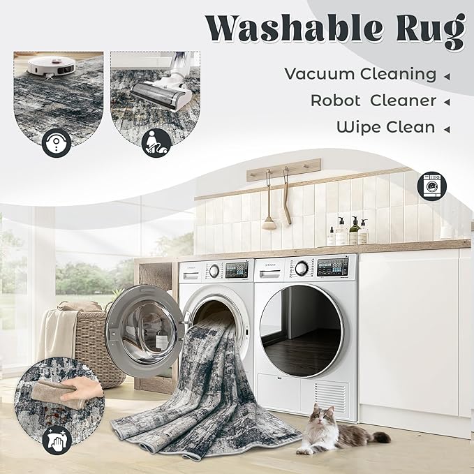 5x7 Area Rugs for Living Room, Washable Modern Abstract Large Area Rug Neutral Soft Non Slip Kids Rug Stain Resistant Indoor Carpet for Bedroom Nursery Dining Room Home Office(BlackGrey, 5'x7')