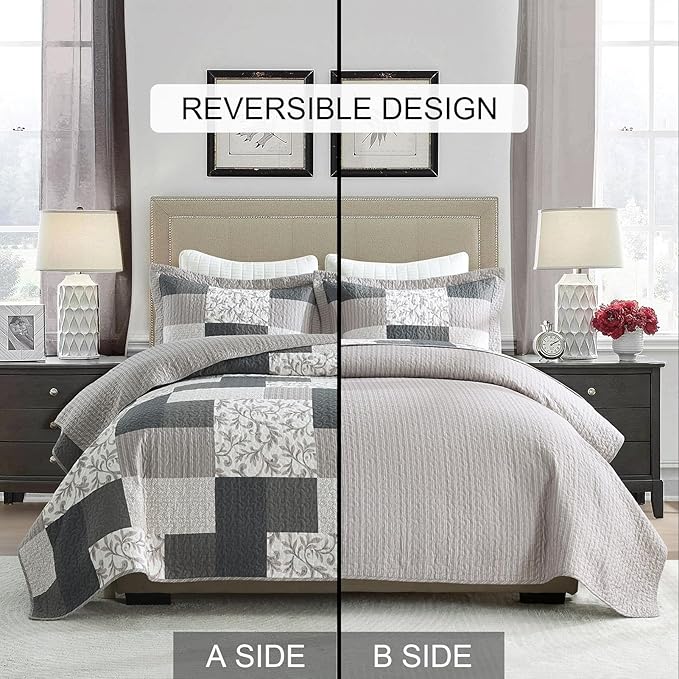 PERHOM Queen Size Quilt Set, 3 Pieces Queen 100% Cotton Quilted Comforter Set with 2 Pillow Shams, Farmhouse Plaid Botanical Pattern, Lightweight Reversible Coverlet Bedspread, Charcoal/Khaki/Beige