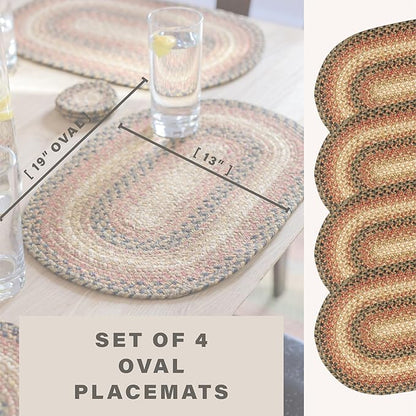 Homespice Russet Jute Braided Oval Placemats, Warm Country Decor, Set of 4, 13x19 Multicolor Table Mats - Vibrant Colors, Durable, Easy to Clean and Protects Furniture