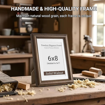 Heimlove 6x8 Picture Frame,6 x 8 Natural Solid Walnut Wood Frame with Tempered Glass,6"x8" Handcrafted Wood Frame Matted to 5x7 Photos for Wall or Tabletop Family picture Display,1 Pack