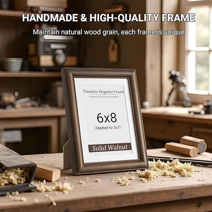 Heimlove 6x8 Picture Frame,6 x 8 Natural Solid Walnut Wood Frame with Tempered Glass,6"x8" Handcrafted Wood Frame Matted to 5x7 Photos for Wall or Tabletop Family picture Display,3 Pack