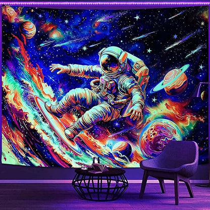Haibimen Blacklight Astronaut Tapestry Wall Hanging Space Galaxy Travel Funny Surfering Tapestries for Bedroom Colorful Aesthetic Cool Wall Art for Guys Gamer Room Dorm Living Room (surf, 48''×36'')