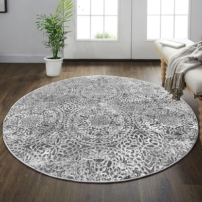 vivorug Round Rug 6ft Vintage-Inspired Round Area Rug Non-Slip Indoor Carpet for Living Room Bedroom Entryway, Stain Resistant Home Decor Circle Rug, Grey Medallion