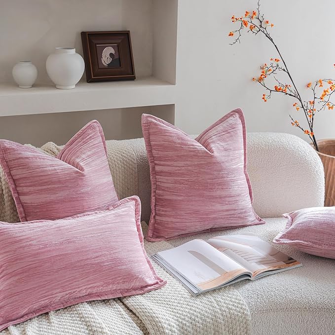 Neelvin Set of 2 Velvet Decorative Throw Pillow Covers 24x24 Inch Pink Modern Luxury Cushion Covers Textured Pillow Cases for Living Room Home Decor Couch Sofa