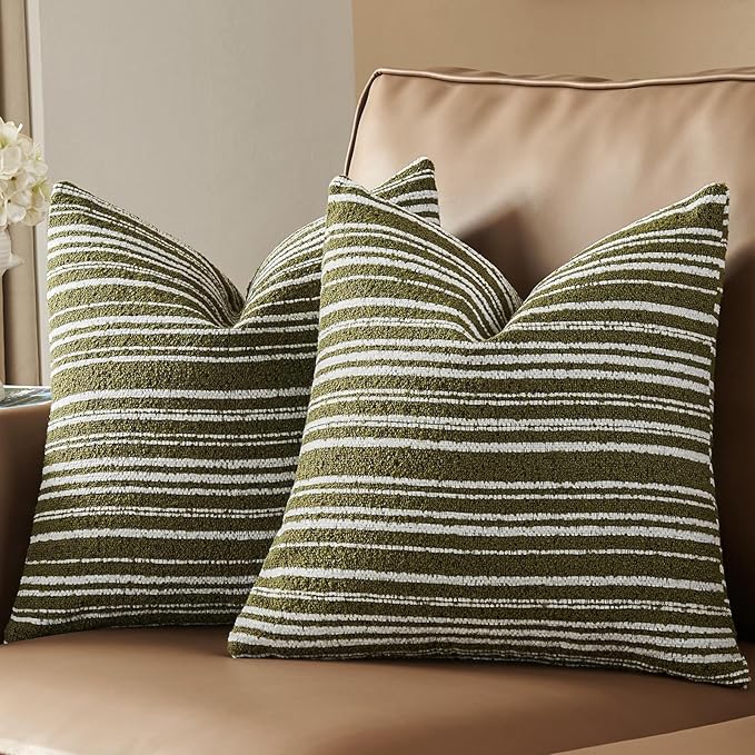 AmHoo Pack of 2 Textured Boucle Throw Pillow Covers Accent Striped Cozy Soft Decorative Couch Cushion Case for Chair Sofa Bedroom Living Room Home Decor 18 x 18-Inch Sage Green