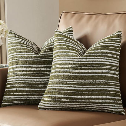 AmHoo Pack of 2 Textured Boucle Throw Pillow Covers Accent Striped Cozy Soft Decorative Couch Cushion Case for Chair Sofa Bedroom Living Room Home Decor 18 x 18-Inch Sage Green