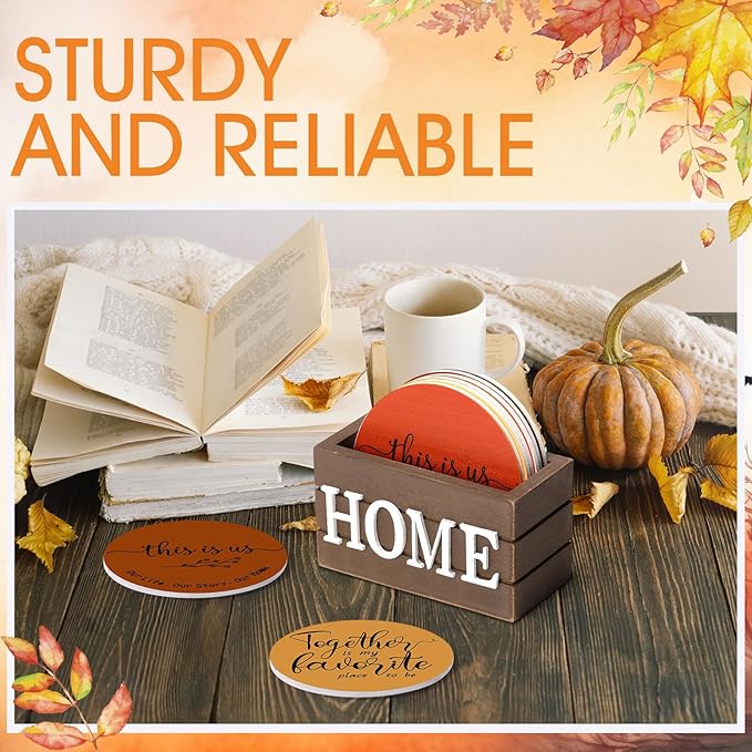 Queekay Coasters Set of 6 House Warming Gifts New Home Wooden Farmhouse Drink Coasters with Holder 4'' Funny Decoration for Kitchen Family Coffee Bar Tabletop Protection(Fall Color)