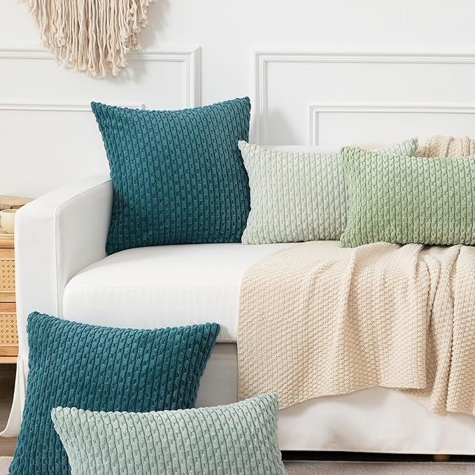 Kevin Textile Euro Sham Pillow Covers 28x28 Inch 2 Packs Soft Boho Striped Corduroy Decorative Throw Pillows for Living Room Couch Bed Sofa Rustic Farmhouse Home Decor 71x71cm Teal Blue
