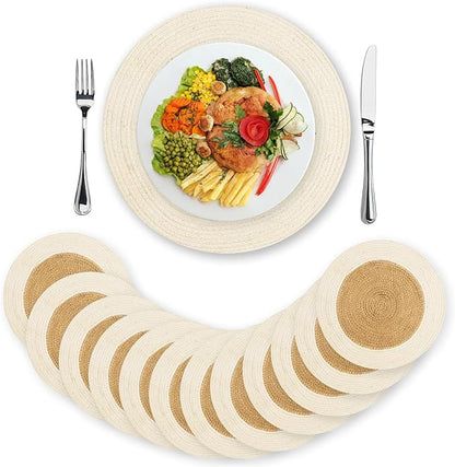 Eco Crave Jute Round Placemats Set of 12 – Hand Woven Natural Beige Jute with White Rim, 13 Inch Farmhouse Rustic Dining Drawstring Table Mats, Wicker Heat Resistant Durable Eco-Friendly Table Decor