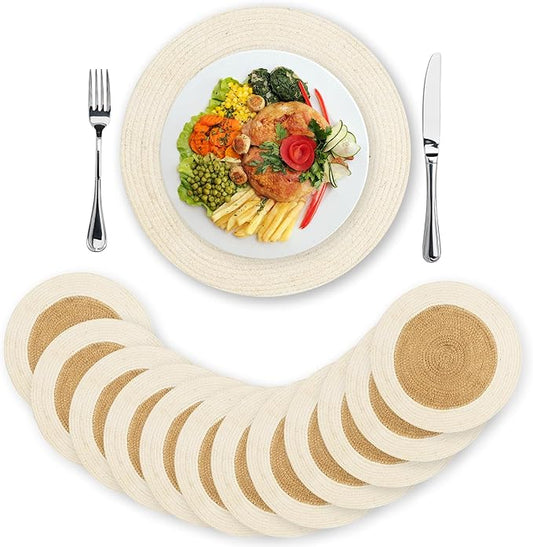 Eco Crave Jute Round Placemats Set of 12 – Hand Woven Natural Beige Jute with White Rim, 13 Inch Farmhouse Rustic Dining Drawstring Table Mats, Wicker Heat Resistant Durable Eco-Friendly Table Decor