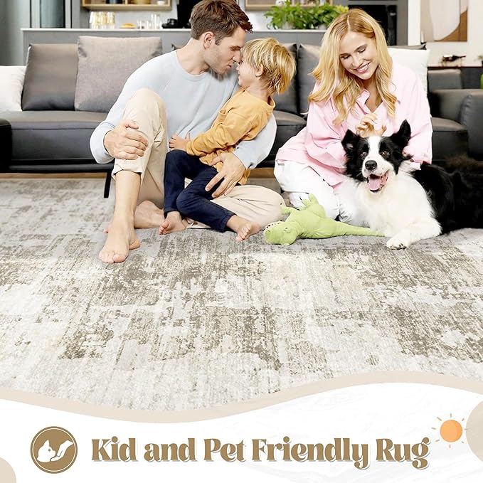 6x9 Area Rugs for Living Room, Washable Modern Abstract Large Area Rug Neutral Soft Non Slip Kids Rug Stain Resistant Indoor Carpet for Bedroom Nursery Dining Room Playroom Office(BeigeBrown, 6'x9')