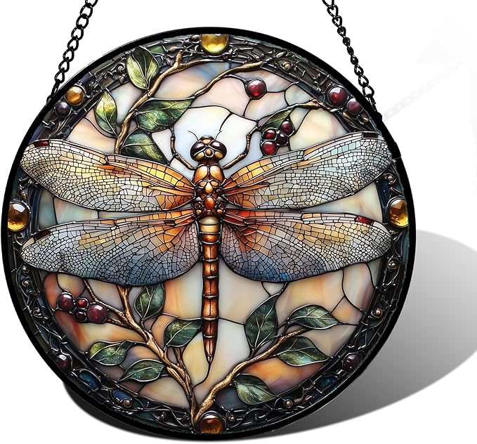DASTOLL Stained Glass Window Hanging - Dragonfly Plant Suncatcher Ready to Hang Window Doors Home Decoration, Christmas, Mother's Day Birthday Gifts for Women, Men, and Mom 9.8x9.8 in