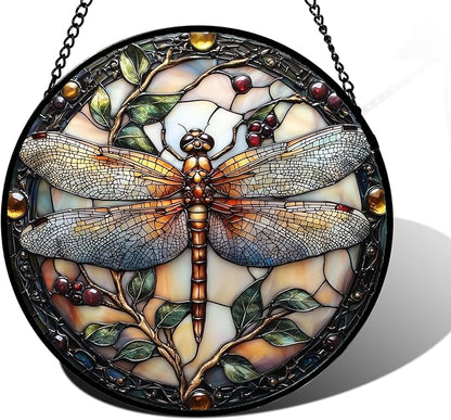 DASTOLL Stained Glass Window Hanging - Dragonfly Plant Suncatcher Ready to Hang Window Doors Home Decoration, Christmas, Mother's Day Birthday Gifts for Women, Men, and Mom 9.8x9.8 in