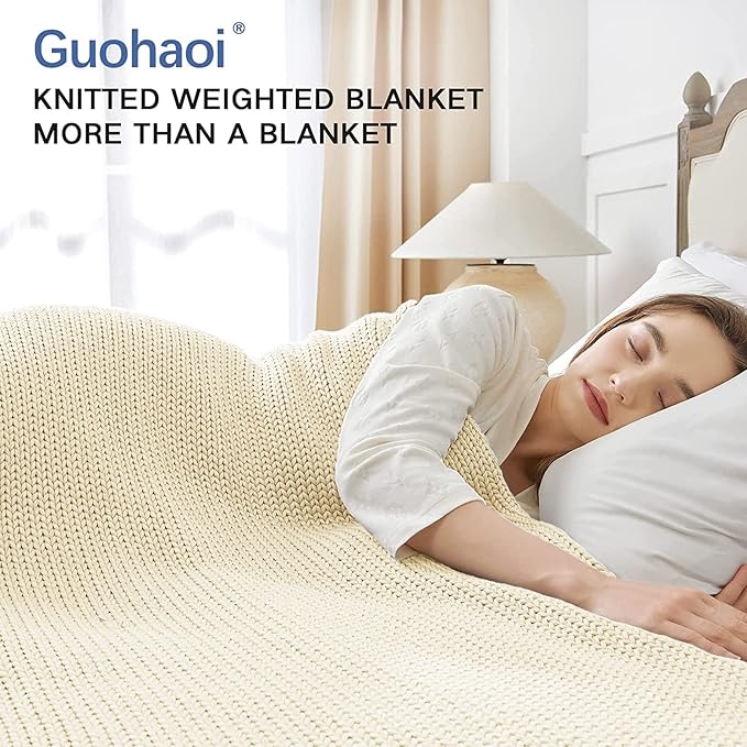 Guohaoi Knitted Weighted Blanket for Adults (Cream 48"x72" 12lbs) No Beads Cooling Throw Blanket for Hot Sleepers, Home Decor Breathable Chunky Knit Heavy Blanket Use on Full Size Bed