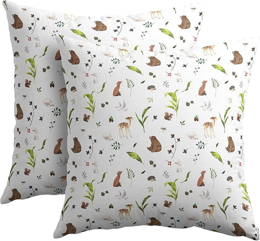 Neutral Spring Pillow Covers 16x16 Set of 2 Forest Throw Pillow Covers Rustic Pillowcase Linen Decoration Farmhouse Soft Decorative Plants Animals Cushion Case Couch for Indoor Outdoor Home Decor