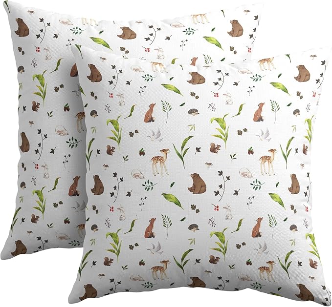 Neutral Spring Pillow Covers 18x18 Set of 2 Forest Throw Pillow Covers Rustic Pillowcase Linen Decoration Farmhouse Soft Decorative Plants Animals Cushion Case Couch for Indoor Outdoor Home Decor