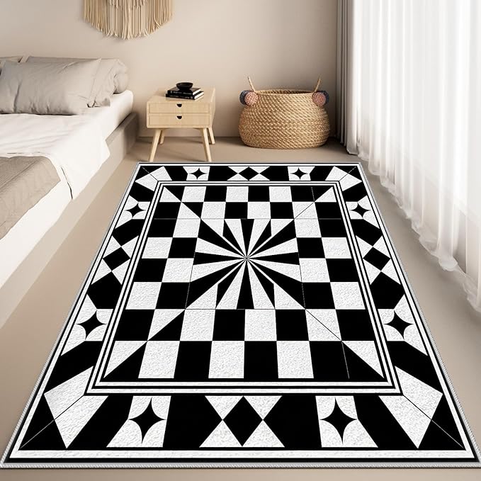 Black and White Checkered Rug, Checkered Rug, Modern Geometric Pattern Carpet, Retro Machine Washable Non Slip Area Rugs, Contemporary Rugs for Living Room/Bedroom 5x6