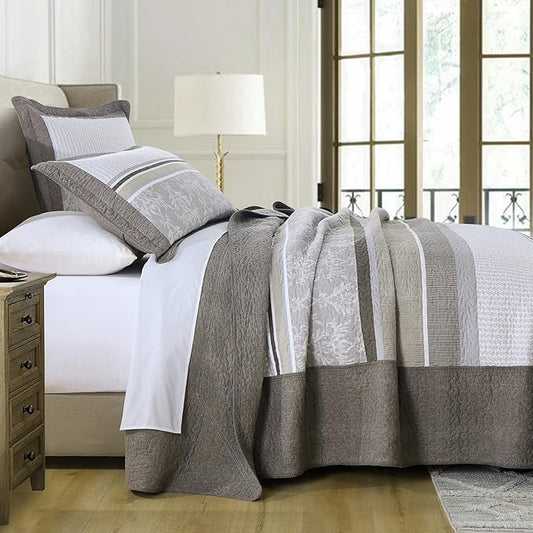 Oversized King Bedspread Quilt 128" x 120", 100% Cotton Lightweight Bed Spreads Coverlet Set Farmhouse Bedding Cover, 3 Piece, Brown/Gray/Beige