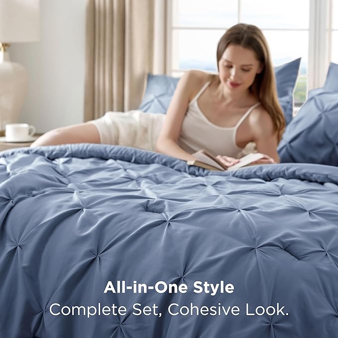 Bedsure Queen Comforter Set Slate Blue - Bed in a Bag Queen Size Bedding 7 Pieces, GentleSoft™ Pintuck Bed Set Gift for Family, Pinch Pleat All Season Comforter with Sheets, Pillowcases & Shams