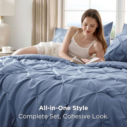Bedsure Queen Comforter Set Slate Blue - Bed in a Bag Queen Size Bedding 7 Pieces, GentleSoft™ Pintuck Bed Set Gift for Family, Pinch Pleat All Season Comforter with Sheets, Pillowcases & Shams