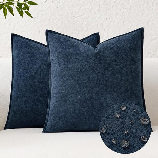 Kevin Textile Waterproof Decorative Pillow Covers Navy Blue 18x18 Inch Pack of 2 Soft Boucle Textured Throw Pillowcases Elegant Accent Pillows for Couch Sofa Chair Bed Home Decor Indoor Outdoor