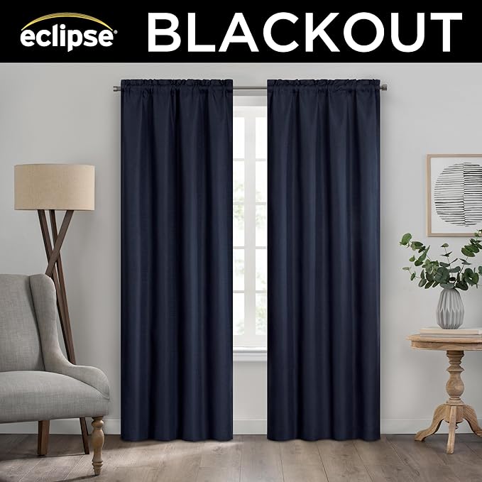 Eclipse Kendall Textured Blackout Thermal Rod Pocket Window Curtain, Insulating & Noise Reducing Curtains for Bedroom or Living Room (1 Panel), 84 in Long x 42 in Wide, Indigo