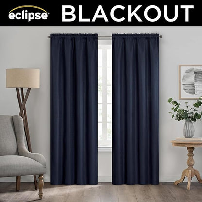 Eclipse Kendall Textured Blackout Thermal Rod Pocket Window Curtain, Insulating & Noise Reducing Curtains for Bedroom or Living Room (1 Panel), 84 in Long x 42 in Wide, Indigo