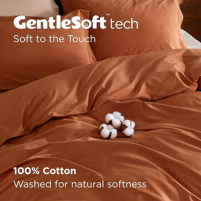 Bedsure 100% Washed Cotton Duvet Cover Queen Size - Burnt Orange Minimalist Cotton Duvet Cover Linen Like for All Seasons - GentleSoft™ Plain Simple Bedding (Burnt Orange, Queen, 90"x90")