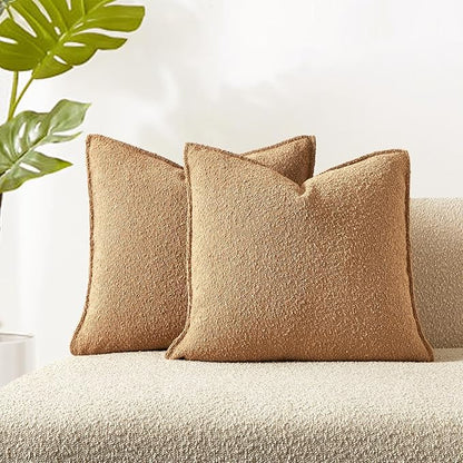 JUSPURBET 22x22 Pillow Covers Set of 2 Decorative Throw Pillow Covers Case for Couch Sofa Bed Soft Boucle Textured Cushion Covers with Hidden Zipper for Home Decor Living Room,Camel