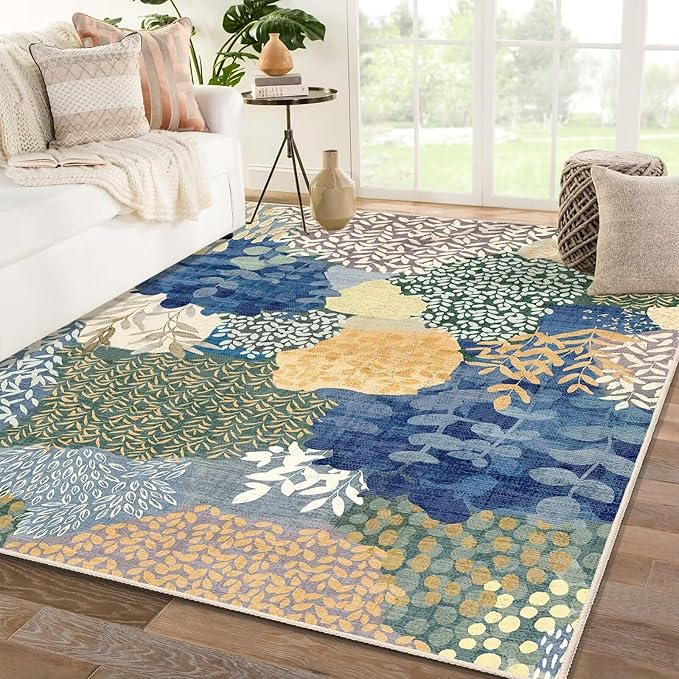 DEXDE Area Rugs for Living Room 4x6.5, Washable Non Slip Boho Rugs Throw Carpet for Bedroom Bedside Dorm Dining Room Indoor Soft Floral Home Decor, Blue