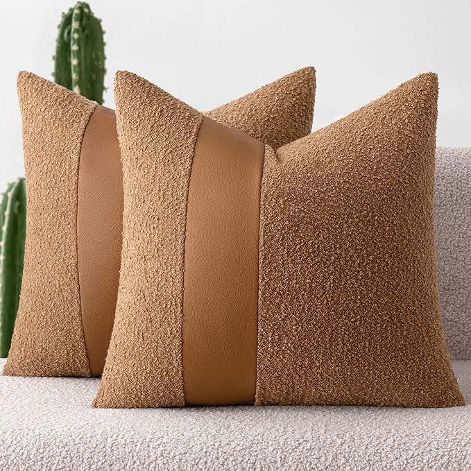 MIULEE Boucle Throw Pillow Covers 18x18 Inch Set of 2 Brown Faux Leather Textured Decorative Pillow Cases Boho Farmhouse Accents Cushion Covers for Couch Bed Livingroom Home Decor