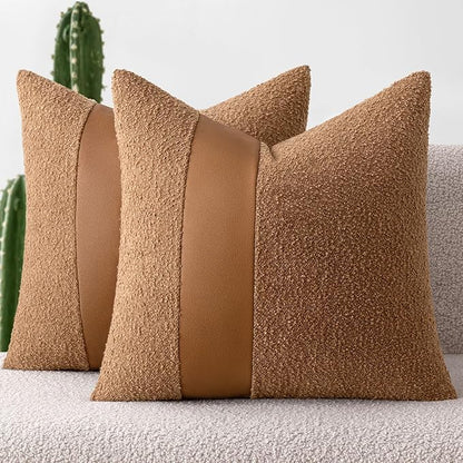 MIULEE Boucle Throw Pillow Covers 24x24 Inch Set of 2 Brown Faux Leather Textured Decorative Pillow Cases Boho Farmhouse Accents Cushion Covers for Couch Bed Livingroom Home Decor