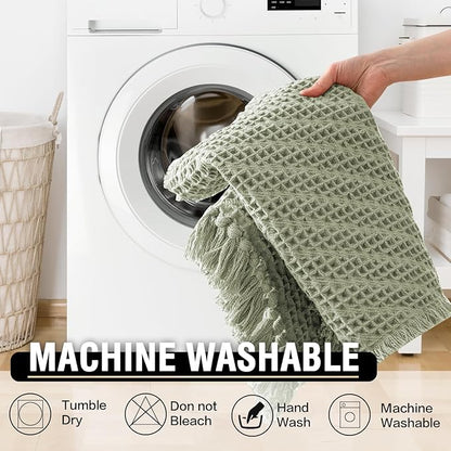 H.VERSAILTEX Waffle Bath Mat Super Absorbent Boho Bath Mat Non Slip Bath Rugs for Bathroom Floor Machine Washable Dry Fast Bathroom Rugs with Handmade Tassels, 20" x 32", Sage