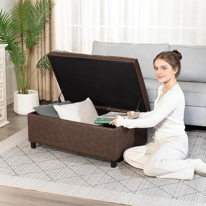 Joveco Rectangular Lift Top Storage Ottoman Bench, Faux Leather Storage Bench for Living Room Entryway Bedroom,Espresso