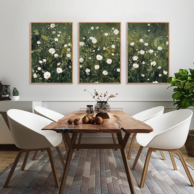 HLNIUC Green White Floral Framed Wall Art Set, Abstract Flower Canvas Wall Decor, Modern Botanical Wall Painting, Blossom Landscape Art Print for Living Room, Bedroom, Office - 24"x36"x3