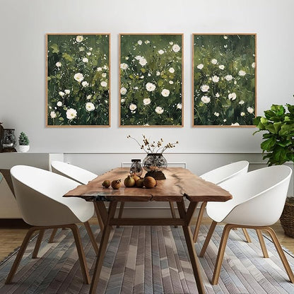HLNIUC Green White Floral Framed Wall Art Set, Abstract Flower Canvas Wall Decor, Modern Botanical Wall Painting, Blossom Landscape Art Print for Living Room, Bedroom, Office - 24"x36"x3