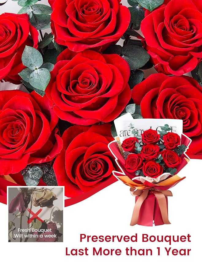 Mosstory Roses Bouquet 7-Piece Forever Flowers Bouquet Gift for Her Women Wife Mothers Anniversary Birthday Wedding (Red Roses)