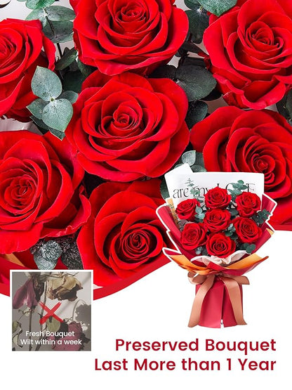 Mosstory Roses Bouquet 7-Piece Forever Flowers Bouquet Gift for Her Women Wife Mothers Anniversary Birthday Wedding (Red Roses)