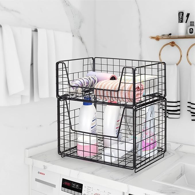 TIEYIPIN 2 Tier Metal Wire Storage Basket, Stackable Fruit Vegetable Food Baskets Cabinet Organizer Pantry Bin for Home Bathroom Kitchen Office Organization - Black