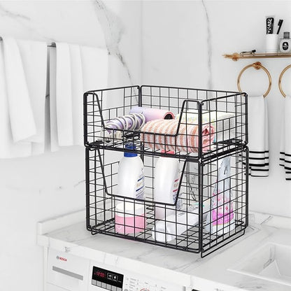 TIEYIPIN 2 Tier Metal Wire Storage Basket, Stackable Fruit Vegetable Food Baskets Cabinet Organizer Pantry Bin for Home Bathroom Kitchen Office Organization - Black