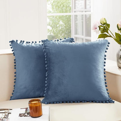 Deconovo Velvet Throw Pillow Covers, Set of 2, Decorative Pom-poms Soft with Invisible Zipper Cover for Sofa,Haze Blue,20x20 Inch