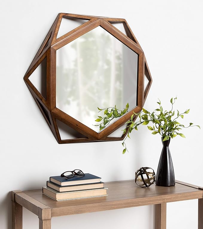 Kate and Laurel Cortland Rustic-Modern Geometric Octagon Shaped Wood Accent Wall Mirror, Rustic Caramel Finish, 24x27-inches