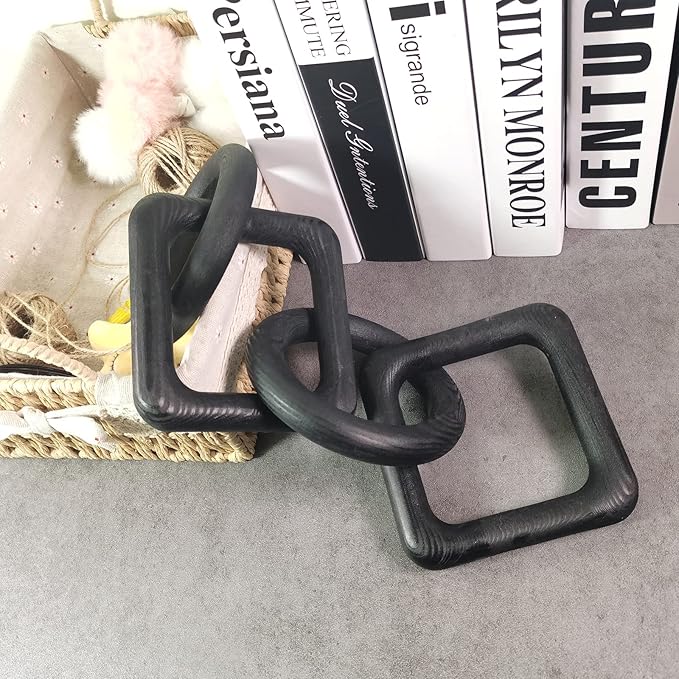 Wooden Chain Link Decorative 4 Link Decorative Pine Hand Carved Decorative Chain Modern Home Boho Creative Distressed Decor Vintage (Black)