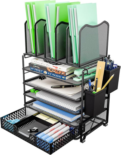 Simple Trending 5 Tier Mesh Desk File Organizer, Paper Letter Tray File Holder with Sliding Drawer Organizer for Office Home, Black