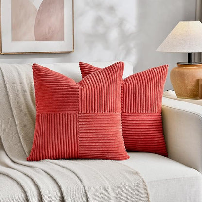 Fancy Homi 2 Packs Red Decorative Throw Pillow Covers 22x22 Inch for Living Room Couch Bed Sofa, Holiday Christmas Home Decor Gift, Soft Corss Corduroy Patchwork Accent Square Cushion Case 55x55 cm