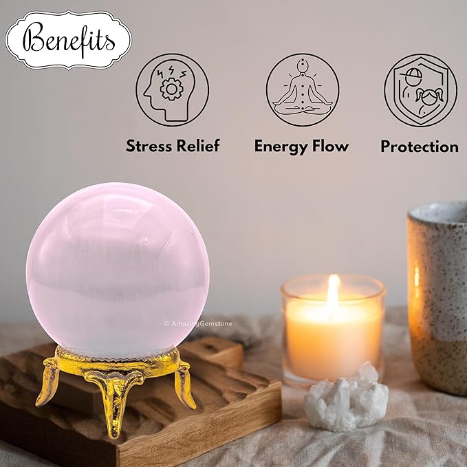 Amazing Gemstone Pink Calcite Crystal Ball with Stand - 1.5 Inches Crystal Sphere Meditation Balls for Witchcraft and Decorative Balls