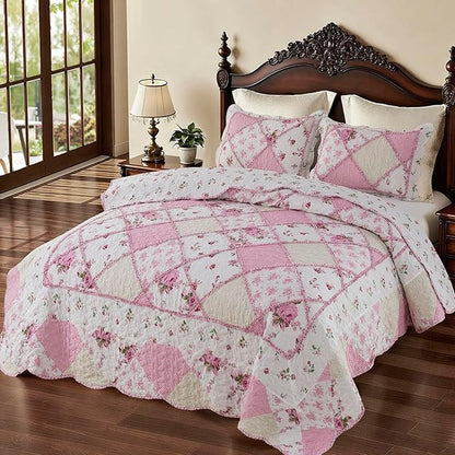 VIVILINEN Pink Patchwork Quilt Set Queen Size Reversible Quilted Bedspread Coverlet Set 3-Piece Floral Lightweight Comforter Stitched Bedding Set Bed Sheet Set Cover Blanket with 2 Pillow Shams