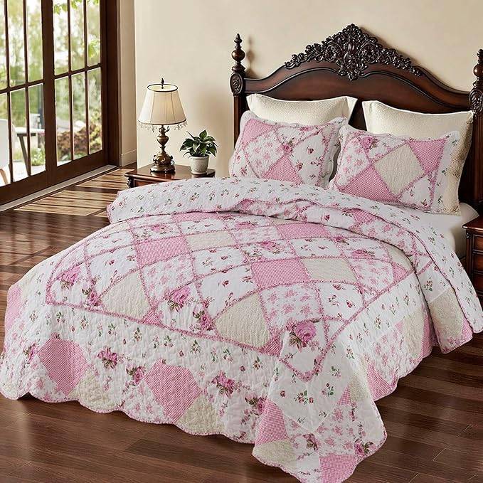 Oversized King Size Pink Floral Plaid Patchwork Quilt Set 128x120 Extra Wide Super King Size Reversible Quilted Bedspread Coverlet Set 3-Piece Comforter Bedding Set Bed Cover with 2 Pillow Shams