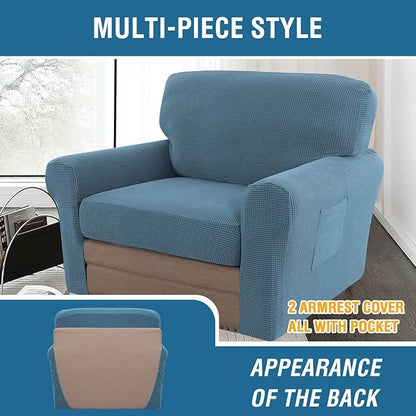 H.VERSAILTEX Multi-Pieces Chair Covers Stretch Couch Covers Form Fitted Seat and Back Cushions Covers (1 Seat Cover Plus 1 Back Cusion Cover, Bonus 2 Armrest Covers), Dusty Blue