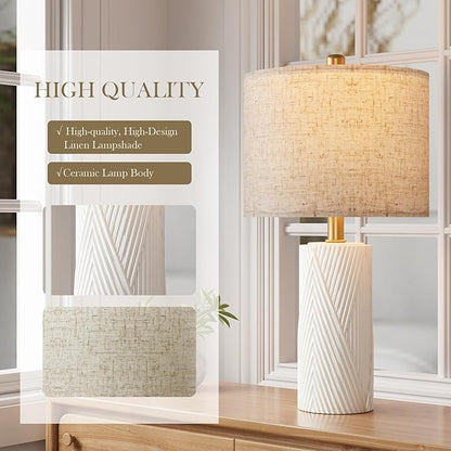 22" Modern Ceramic Table Lamp Set of 2 for Living Room, Table Lamps for Bedroom Set of 2， Farmhouse Bedside Nightstand Bedside Lamp End Table Lamps White